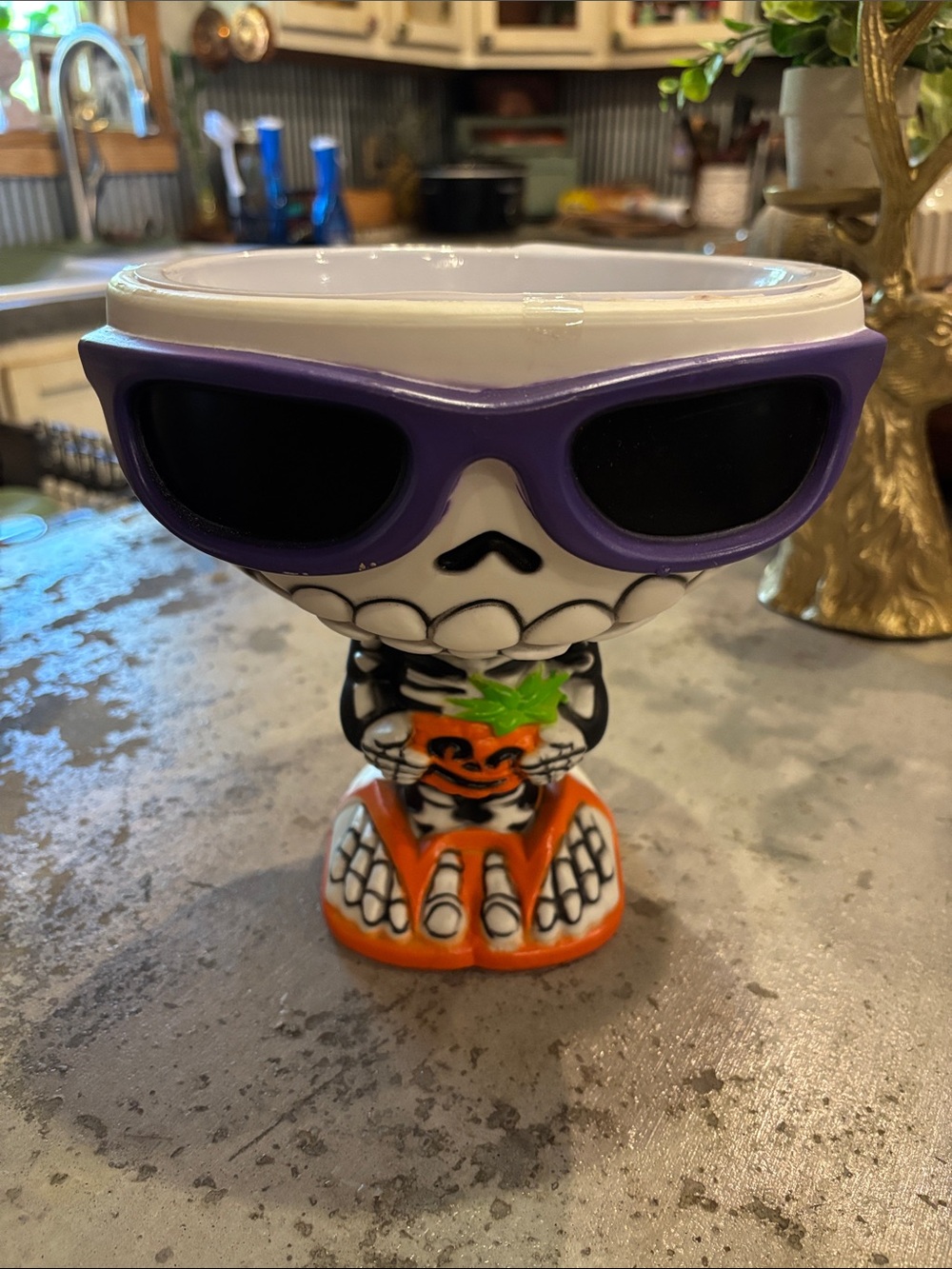 Halloween Festive Skeleton candy holder with Purple Sunglasses and flip flops!